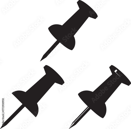 Three black push pins silhouette