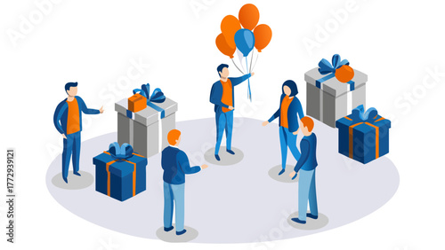 A group of people celebrating a special occasion with gifts and balloons in an isometric illustration style