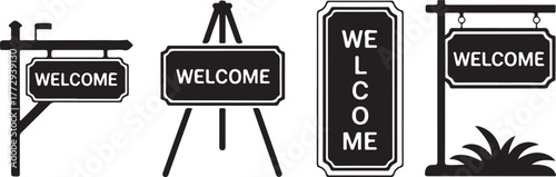 Welcome Sign Set Black Silhouette Isolated on Transparent for Store Advertising, Greetings, Notifications, Door Signs