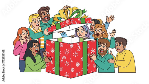 The Grand Unveiling: A group of friends and family gathers, eyes wide with anticipation, as they unwrap a colossal gift box, their expressions a mix of surprise and delight.