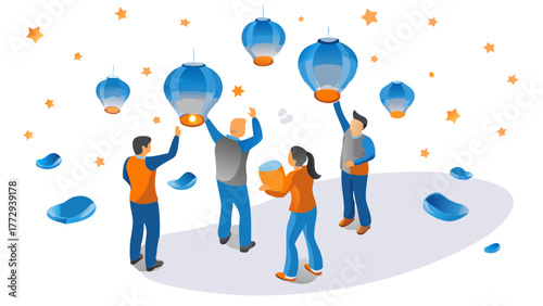 Diverse group of people releasing glowing sky lanterns into the dark night sky filled with stars and moon