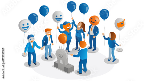 Diverse group of cartoon business people celebrating success with balloons and a trophy on a pedestal
