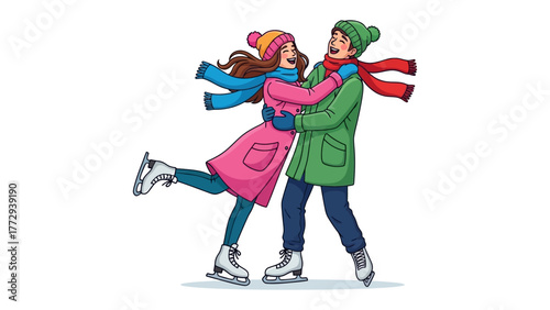 Joyful Figure Skating Duo: A cheerful couple skates gracefully, their laughter and embrace painting a vivid picture of winter joy. The illustration shows a celebration of love, freedom.