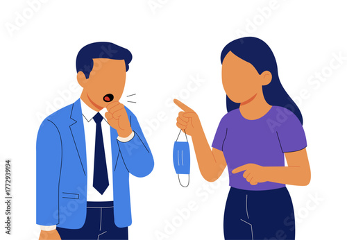 Woman reminding man coughing to wear mask. Concept of health awareness, covid safety, protection reminder, hygiene practice and respiratory health.