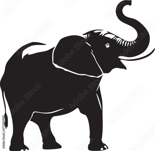 Elephant silhouette with raised trunk black and white vector illustration symbolizing strength luck and wild nature