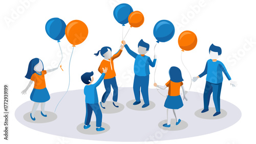 Diverse group of children and adults celebrating together holding balloons in a festive outdoor setting