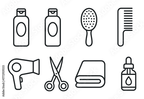 Hair care icons: shampoo, brush, comb, hair dryer, scissors, towel, oil dropper