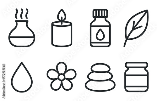 Aromatherapy symbols: candle, essential oil bottle, leaf, flower, hot stones, drop icon set