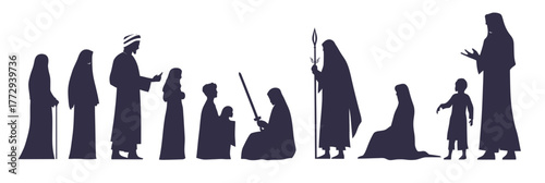 Silhouettes of Islamic family standing seating holding sword spear in traditional arab dress niqab abaya thobe ghutra agal flat vector