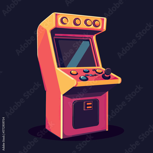 Retro arcade game machine with joystick and buttons isolated on dark background vintage style vector illustration minimalist gaming equipment design