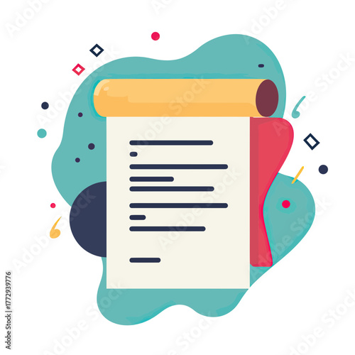 Flat minimalist vector illustration of a rolled parchment scroll with text, abstract background elements, modern document concept design for communication or history themes