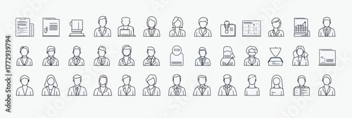 Set of 50 outline business people icons representing diverse professional roles, office management, human resources, and finance in minimalist thin line style