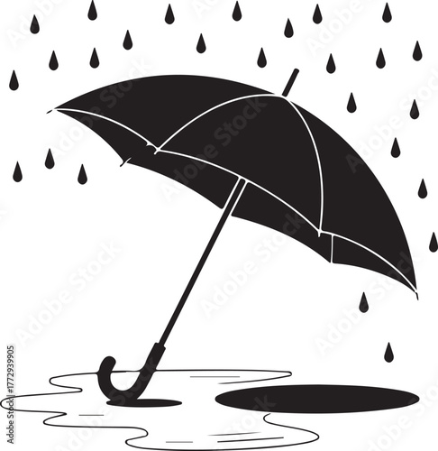 Umbrella Silhouette in Rain: Graphic Weather Illustration with Puddle