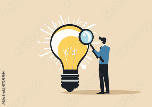 Businessman examining large glowing light bulb idea with magnifying glass flat illustration concept of innovation analysis and creative thinking for business success and market research