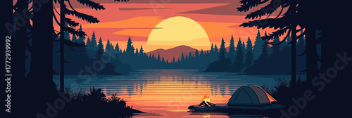 Campfire camping tent near calm lake sunset forest landscape quiet outdoor nature scene with silhouetted trees and mountain background vector illustration
