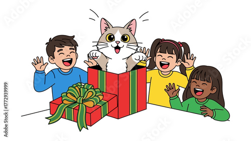 A Purrfect Present: Three delighted children surrounded by gift boxes, unveiling a joyful cat. The image conveys the essence of sharing and happiness.