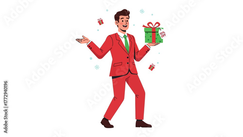 Festive Gift Bearer: An animated figure, dressed in vibrant red attire, is shown holding a wrapped gift with ribbon, celebrating and rejoicing the festive season. The scene is of joy and merriment.