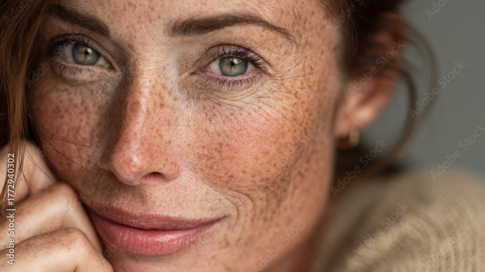Fototapeta premium Close-Up Portrait of a Woman with Freckles and Expressive Eyes, Natural Beauty, Smiling Gaze, Soft Lighting, and Warm Skin Tone for Lifestyle Photography