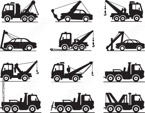 Set of Tow Trucks Perfect for Roadside Assistance and Vehicle Recovery Services with Emergency Breakdown and Accident Support Vehicles