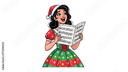 Festive Caroler: A cheerful woman in a Santa hat, radiating joy, sings from a sheet of music, her voice echoing the holiday spirit.