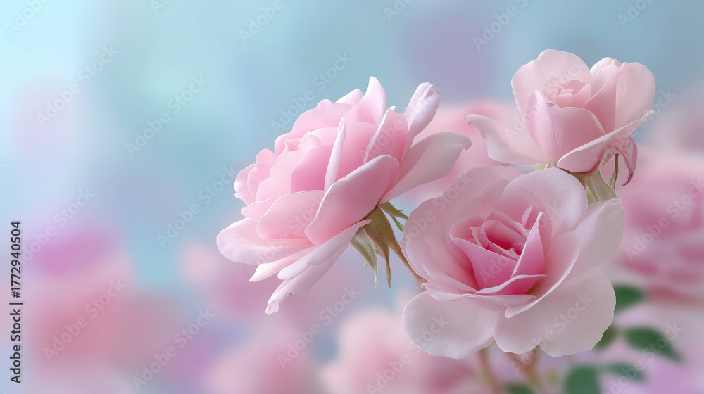 Obraz premium Beautiful pink roses in soft focus showcasing delicate petals and fresh blooms