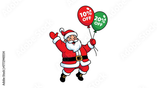 Santa's Festive Discount: A jovial Santa Claus with a radiant smile floats with balloons offering alluring discounts on a special holiday sales promotion.