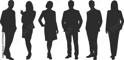 Professional business team silhouettes standing together in corporate attire representing teamwork, diversity, leadership, collaboration, partnership, unity, and success