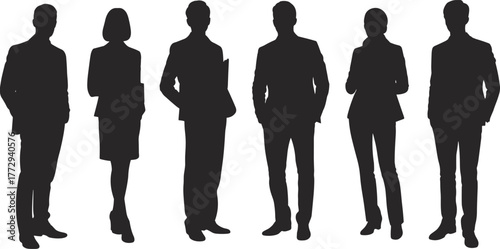 Professional business team silhouettes standing together in corporate attire representing teamwork, diversity, leadership, collaboration, office staff, and workplace unity