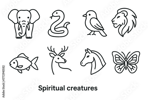 Spiritual creatures collection with iconic animal illustrations on dark background