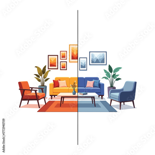 Divided Decor: An interior design concept showcasing two contrasting living room aesthetics, separated by a distinct vertical line. Each side reveals a unique arrangement of furniture, artwork.