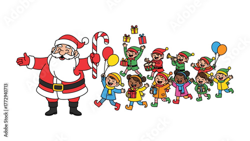 Joyful Christmas Parade: A festive illustration of Santa Claus leading a cheerful parade of elves and children, balloons in tow, spreading holiday cheer and goodwill.