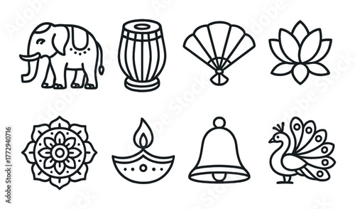 Traditional indian symbols: elephant, dhak, fan, lotus, mandala, diya, bell, peacock
