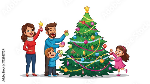 Family Decorating Christmas Tree: Capturing the joyous spirit of the holiday season, a loving family gathers to decorate their Christmas tree. Filled with warmth, traditions and holiday charm.