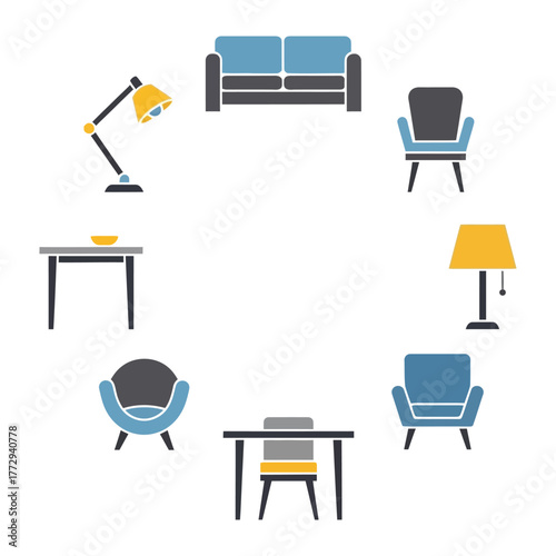 Decor Harmony: A vibrant arrangement of furniture elements comes together to create a visual harmony, perfect for interior design concepts.