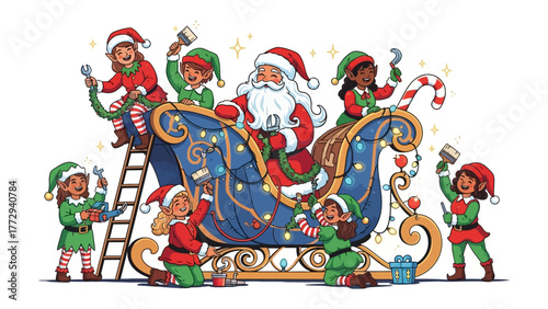 Santa's Sleigh Preparation: Festive elves meticulously decorate Santa's sleigh with twinkling lights, while Santa Claus himself oversees the cheerful preparations.