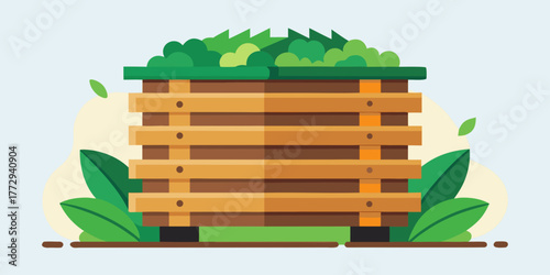 Wooden compost bin filled with greenery in a flat design style  