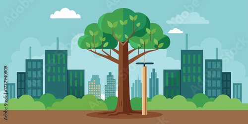 Urban tree supported by stake with city skyline in background  