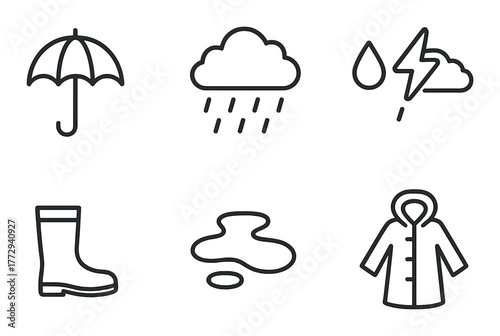Weather symbols: umbrella, cloud, rain, lightning, boots, puddle, coat