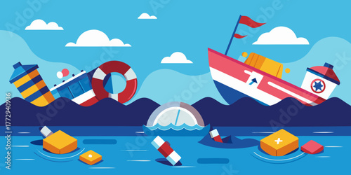 Colorful scene with boat and floating trash in ocean waves  