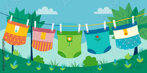 Colorful eco cloth diapers hanging on a clothesline outdoors  