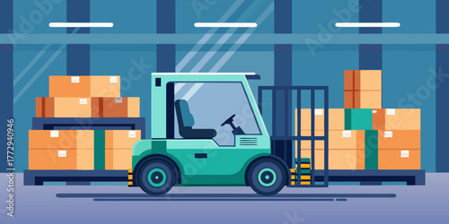 Electric forklift transporting boxes in a modern warehouse interior  