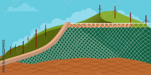 Erosion control net installed on sloped terrain with hills in background  