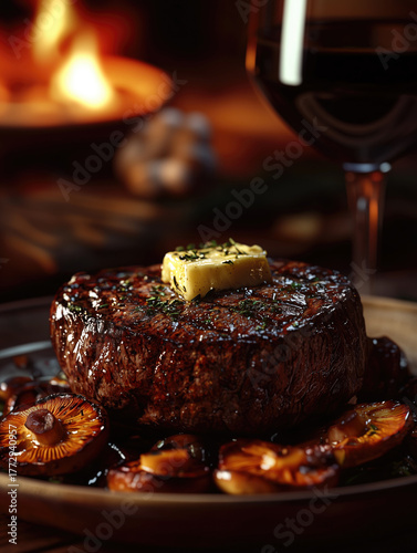 Succulent steak with butter and mushrooms