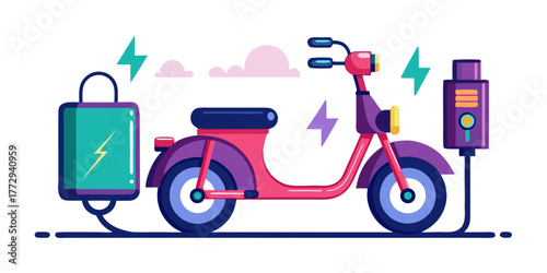 Electric scooter with charger and battery on white background  