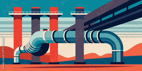 Industrial pipes under bridge with red pillars in desert landscape  