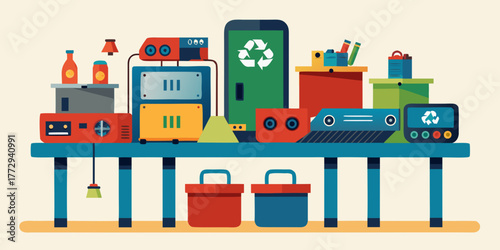 E-waste sorting table with colorful containers and recycling bins
