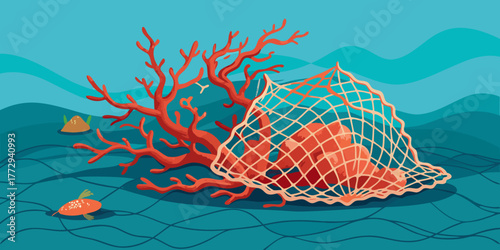 Coral reef with fishing net and fish on blue ocean background  