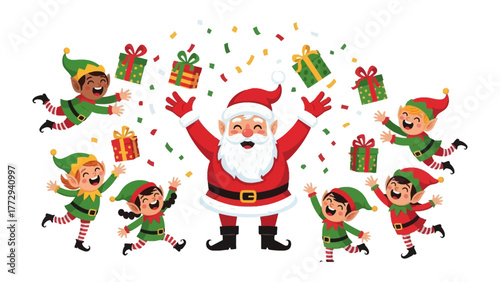 The Jolly Holiday: A delightful scene of joy featuring Santa Claus surrounded by happy elves, a flurry of confetti, and colorful gifts, all celebrating the magic of Christmas.