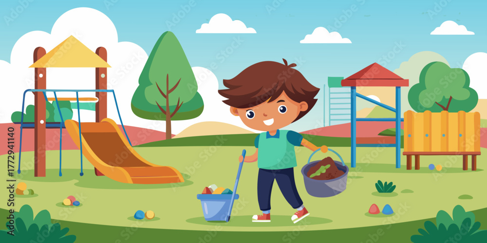Fototapeta premium Young boy cleaning up trash in playground during sunny day