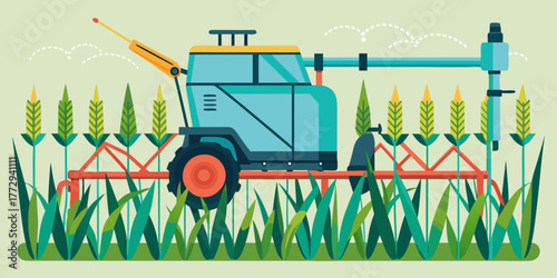 Illustration of a herbicide sprayer tractor working in wheat field  